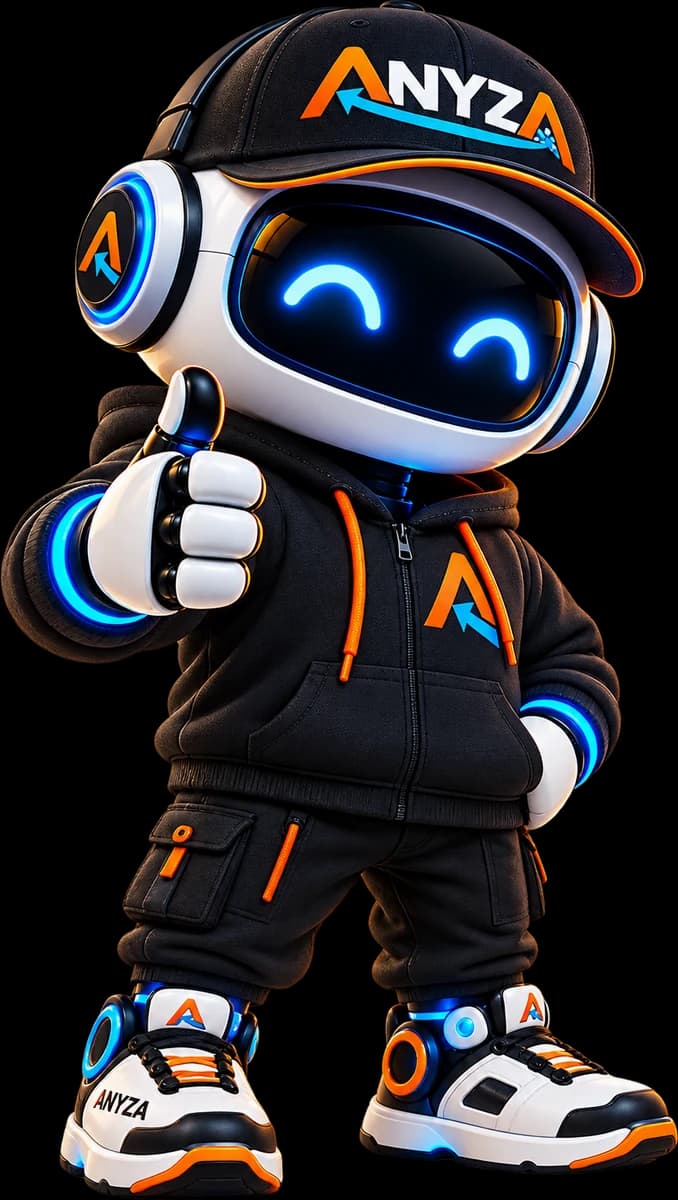 Anyza mascot, a small robot giving a thumbs up